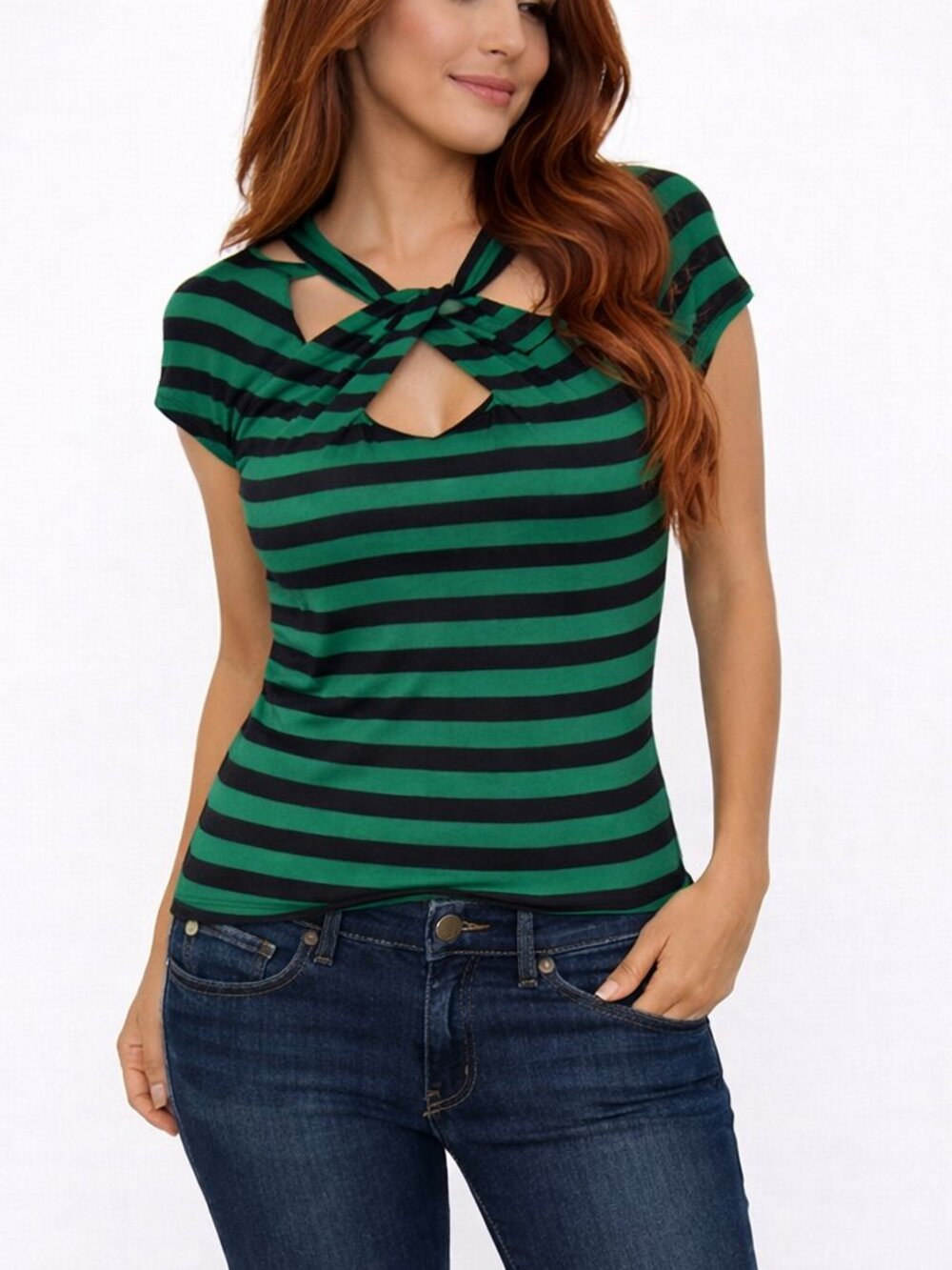 B'leev Striped Cutout Twist Neck Cap Sleeve Top Party Travel St. Patrick's Day